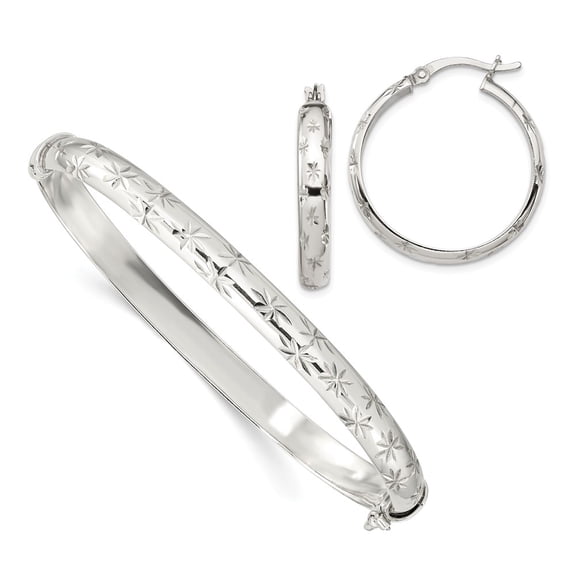 925 Sterling Silver Diamond-cut Bangle 6mm & Hoop 4mm Earring Set