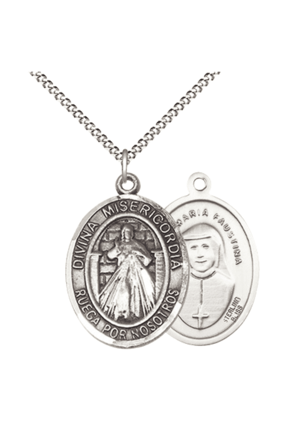 .925 Sterling Silver Divina Misericordia Medal Pendant on 18 Inch Rhodium Plated Lite Curb Brass Chain,Catholic Religious Necklace with Lobster Claw Clasp -Made in USA- Deluxe Velvet Gift Box