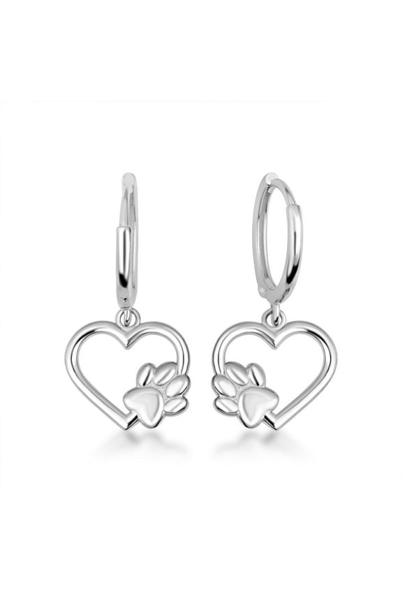 .925 Sterling Silver Dog Paw Print Heart Drop Huggie Hoop Earrings