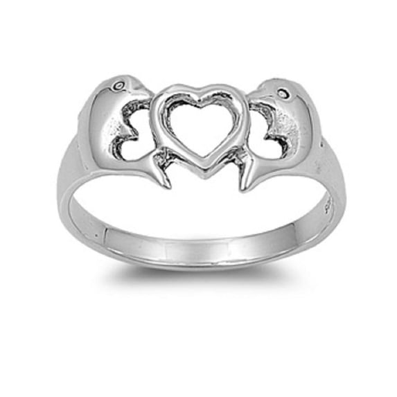 925 Sterling Silver Dolphin Heart Cove Ring Size 6