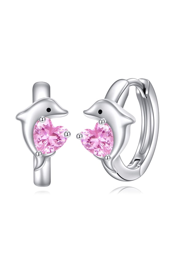 925 Sterling Silver Dolphin Hoop Earrings Heart Pink Cubic Zirconia Cute Ocean Jewelry Gifts for Women