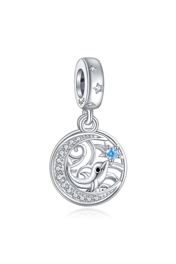 925 Sterling Silver Dolphin On Moon Dbouble Pieces Dangle Charm for Women Charm Bracelet & Necklaces