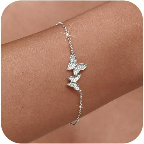925 Sterling Silver Double Butterfly Bracelets for Women Dainty Gold Plated CZ Insect Link Bracelet Distance Matching Chain Bracelet Jewelry Christmas Gifts for Best Friends Sister