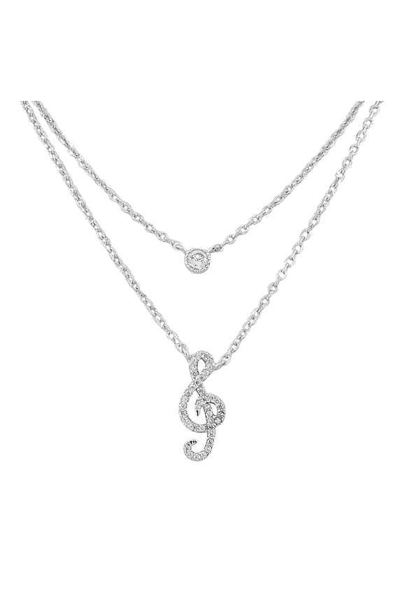 925 Sterling Silver Double Chain Bezel-Set CZ Music Musical Clef Womens Pendant Necklace