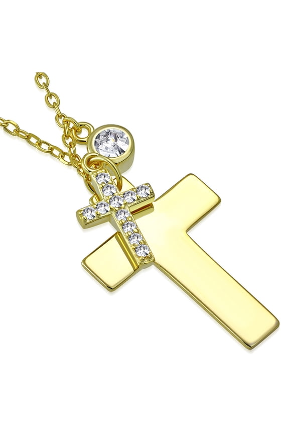 925 Sterling Silver Double Cross CZ Cross Necklace Pendant