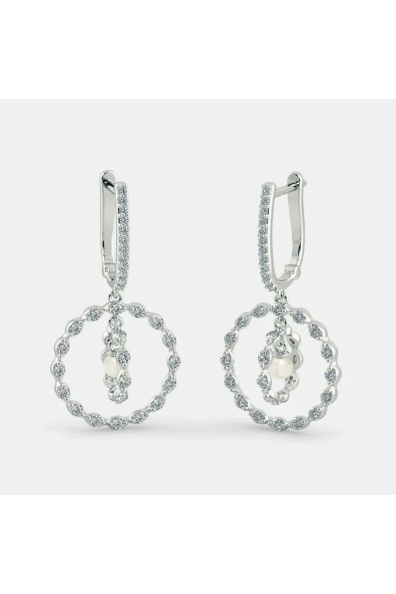 925 Sterling Silver Double Halo Pearl Drop Hoop Earrings, Sparkling CZ Floating Pearl Dangle Hoops, Elegant Bridal and Wedding Jewelry Gift