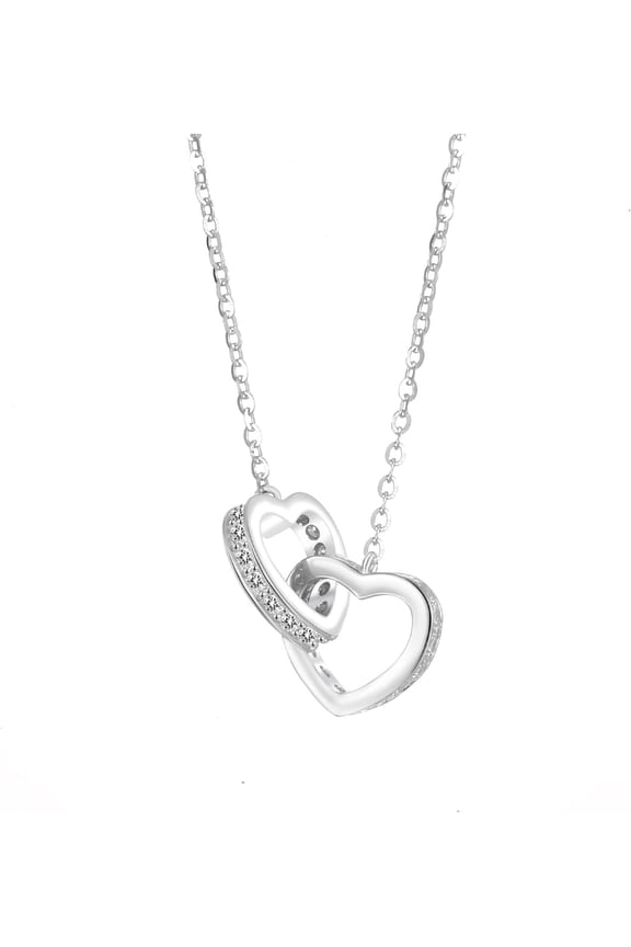 Sterling Silver Plated Double Heart Pendant Necklace - Sparkling cubic zirconia embellishment, interlocking heart design - fashion jewelry, daily wear gifts for women