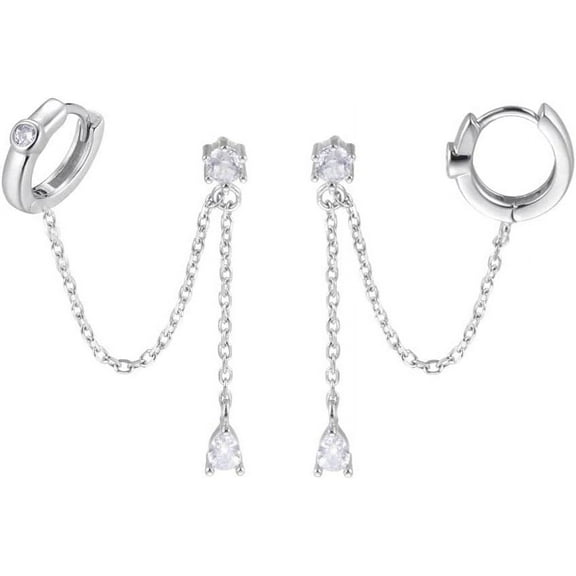 925 Sterling Silver Double Piercing Earrings Huggie Cuff Droplet Chain for Women Hoop Earrings Double Holes Dangle Earrings Cartilage Helix Piercing Earrings Chain