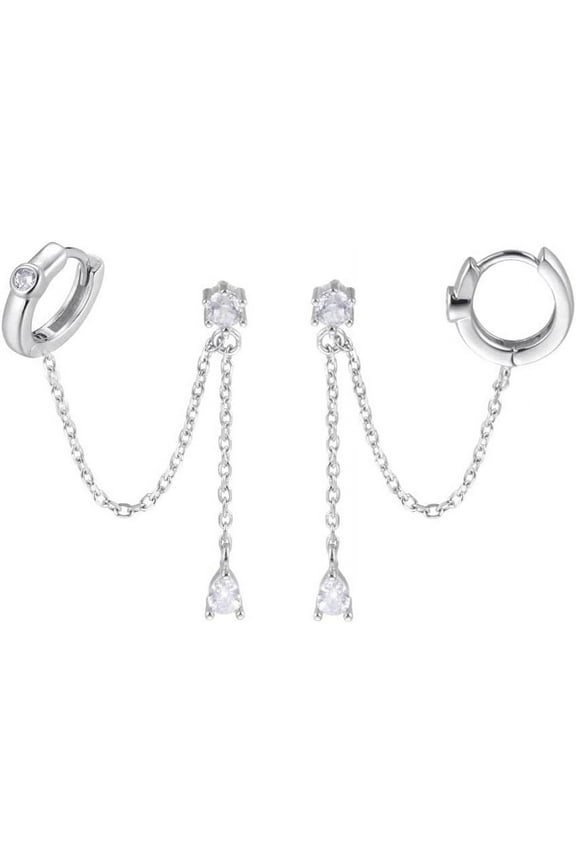 925 Sterling Silver Double Piercing Earrings Huggie Cuff Droplet Chain for Women Hoop Earrings Double Holes Dangle Earrings Cartilage Helix Piercing Earrings Chain