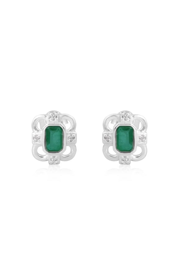 925 Sterling Silver Doublet Zambian Emerald Quartz with Cubic Zirconia Cut Octogan-Round Stone Stud Earrings for Women