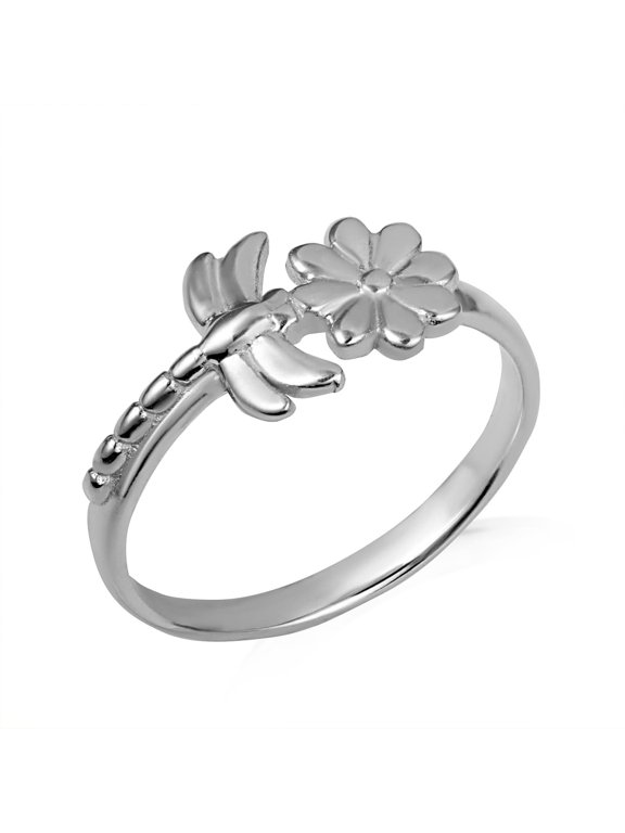 .925 Sterling Silver Dragonfly Daisy Flower Nature Ring /size 8