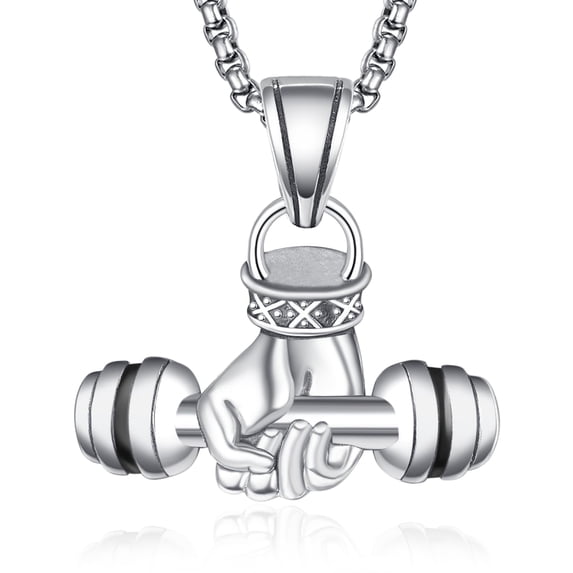 925 Sterling Silver Dumbbell Necklace for Men, Hand Holding Barbell Gym Weight Pendant Necklace
