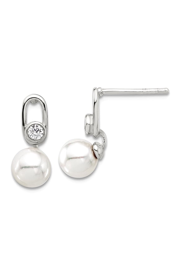 925 Sterling Silver E-coated 6-7mm Shell Pearl With Cubic Zirconia Post Earrings 14.8mm long Stud Earring for Women