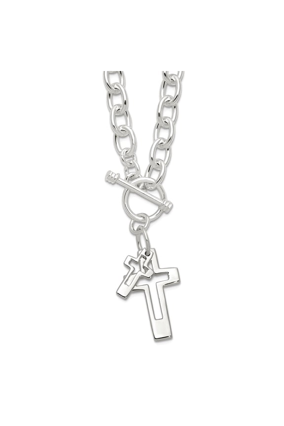 925 Sterling Silver E-coated Double Open Religious Faith Cross Toggle 18inch Necklace 15mm Wide Pendant Necklace for Wom
