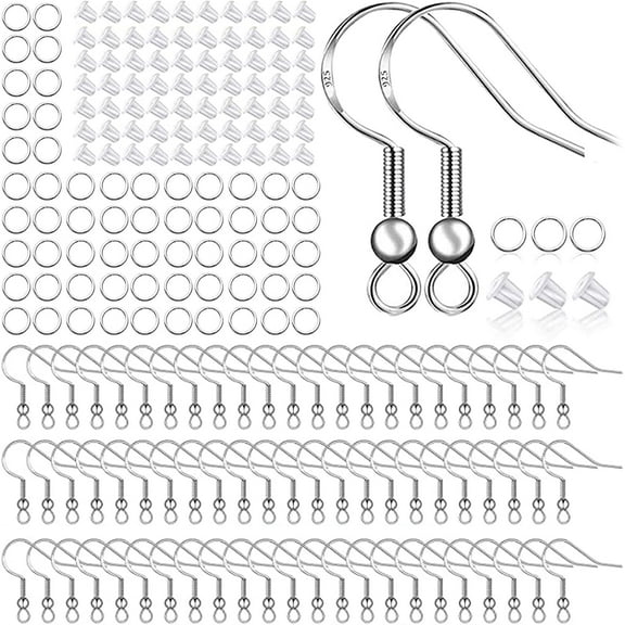 925 Sterling Silver Earring Hooks 150 PCS/75 Pairs,Ear Wires Fish Hooks,500pcs Hypoallergenic Earring Making kit with Jump Rings and Clear Silicone Earring Backs Stoppers (Silver)