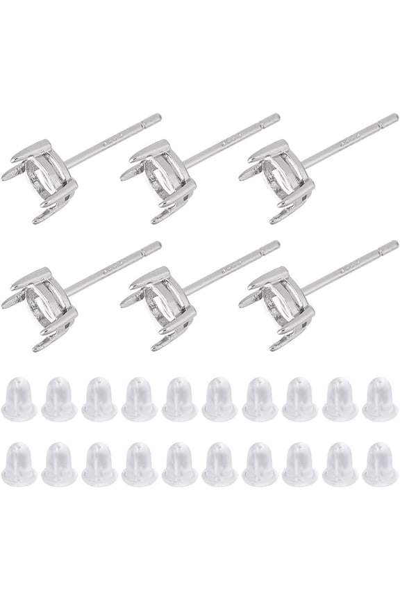 925 Sterling Silver Earring Posts 3 Pairs Platinum Stud Earring Findings 6mm Round Prong Earring Setting with 20Pcs Plastic Ear Nuts for Gemstone Stud Earrings Making