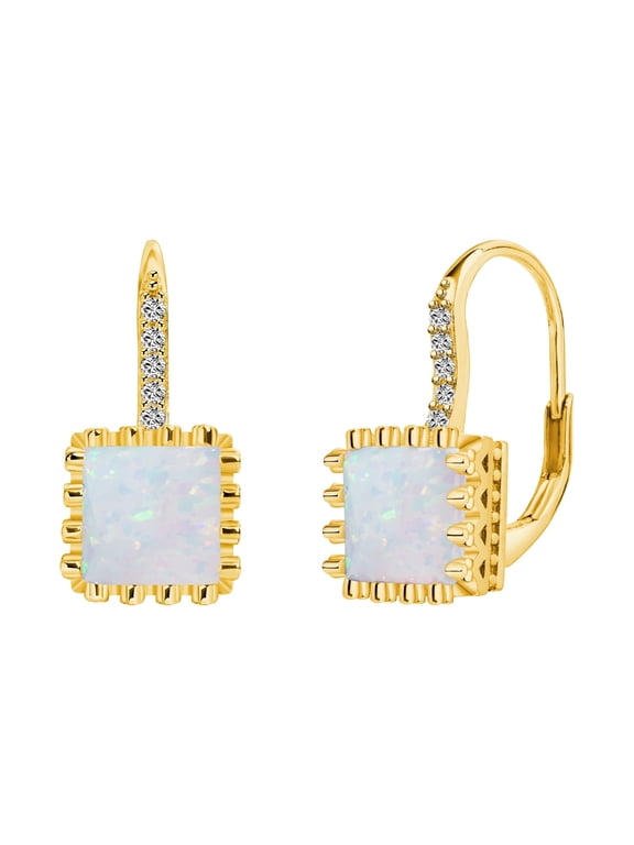 925 Sterling Silver White Opal Leverback Earrings for Women, Square Opal Halo Dangle Earrings, Hypoallergenic Jewelry Gift