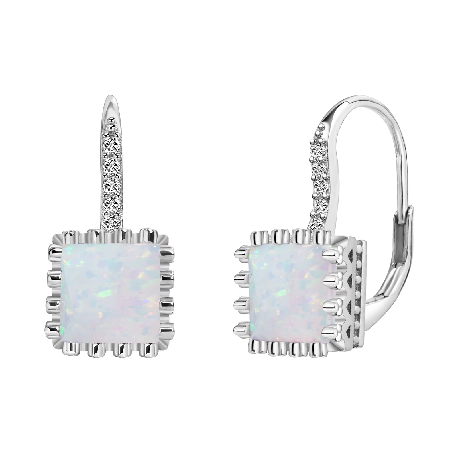 925 Sterling Silver Earrings Fashion Princess Cut White Opal Leverback Earrings for Women