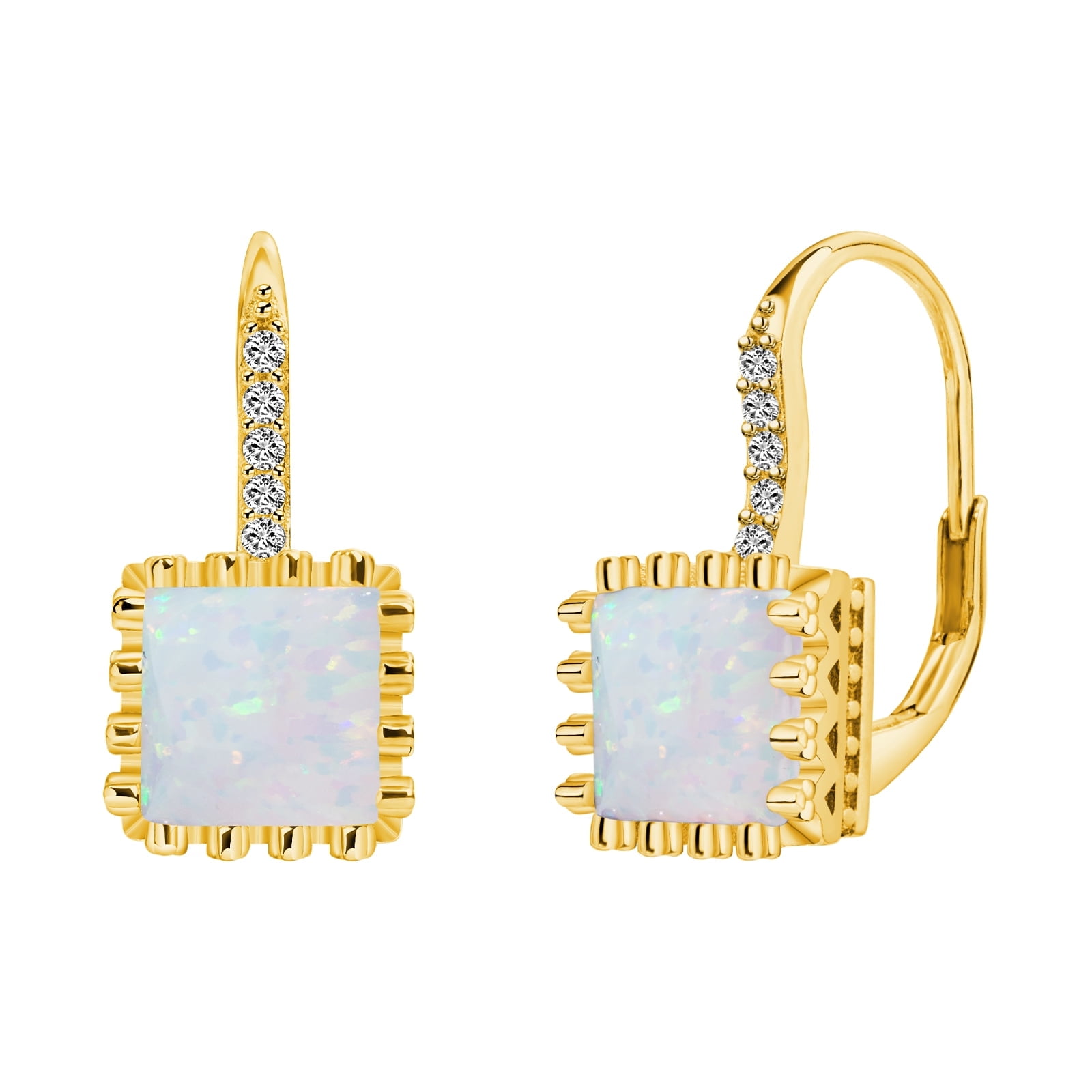 925 Sterling Silver Earrings Fashion Princess Cut White Opal Leverback Earrings for Women