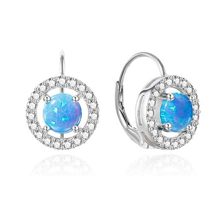 925 Sterling Silver Earrings Halo CZ Created Opal Birthstone Earrings for Women