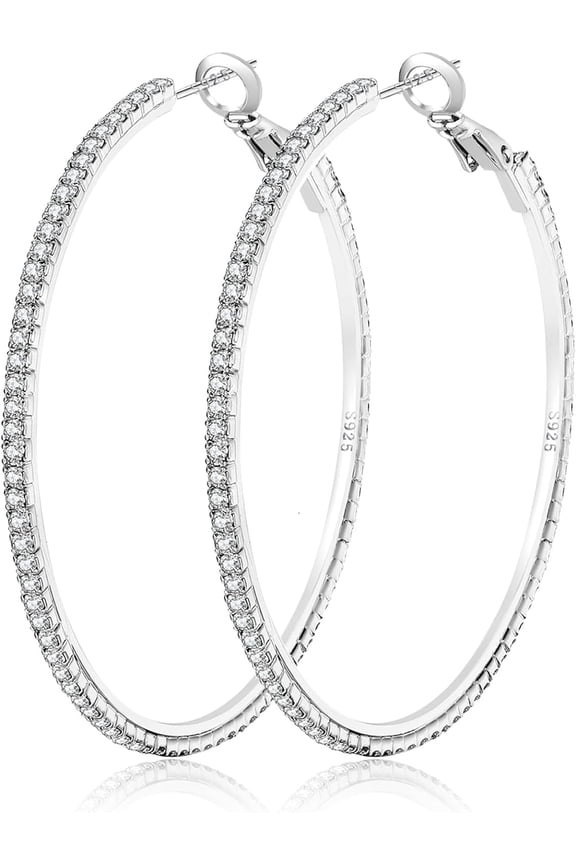 925 Sterling Silver Earrings Large Rhinestone Hoop Earrings Big Cubic Zirconia Hoop Earrings Thin Rhinestones Round Hoop Earrings For Women 20/30/40/50/60/70Mm Sparkly Hoops With Crystals Fo[Z7975]