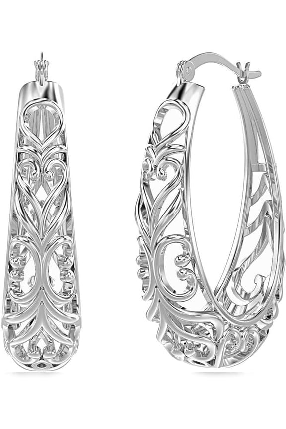 925 Sterling Silver Hoop Earrings | Women's Filigree Hoop Earrings | Openwork Mesh Filigree Cut Earring | Lightweight & Hypoallergenic Vintage Hoop Earrings for Women