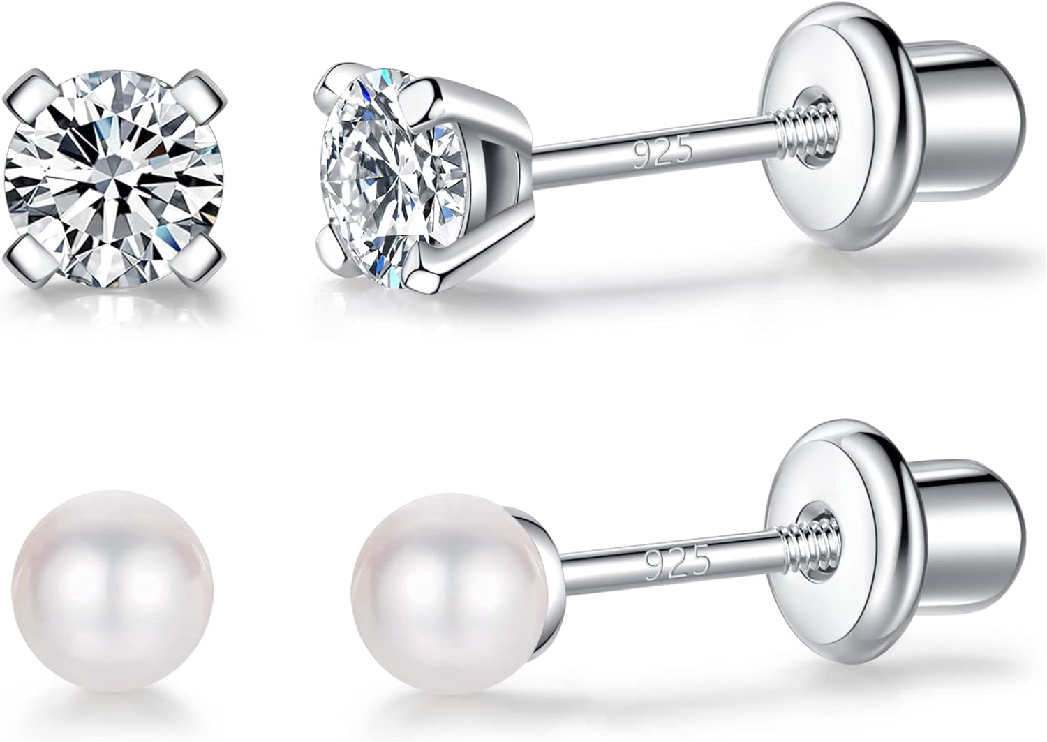 925 Sterling Silver Earrings Stud With Screwback Cubic Zirconia For Women Earring With Screw Backs Cz Hypoallergenic (Cz-White)[Z5957]