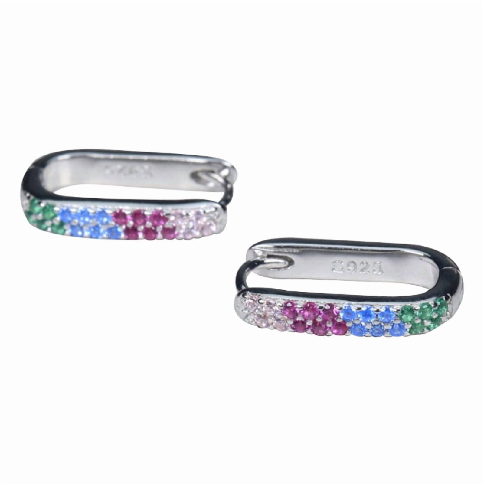 925 Sterling Silver Earrings for Women - Rectangle Rainbow Huggie Hoop Earrings Pavé Multicolor CZ, Hypoallergenic Dainty Jewelry for Daily Wear with RTT Jewelry Box
