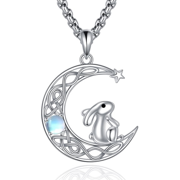 925 Sterling Silver Easter Bunny Necklace for Women Rabbit Necklace Crescent Moon Pendant Moonstone Jewelry for Women
