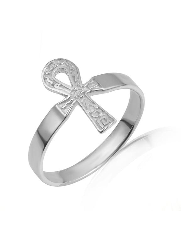 925 Sterling Silver Egyptian Hieroglyphics Ankh Cross Ring (Size 12)