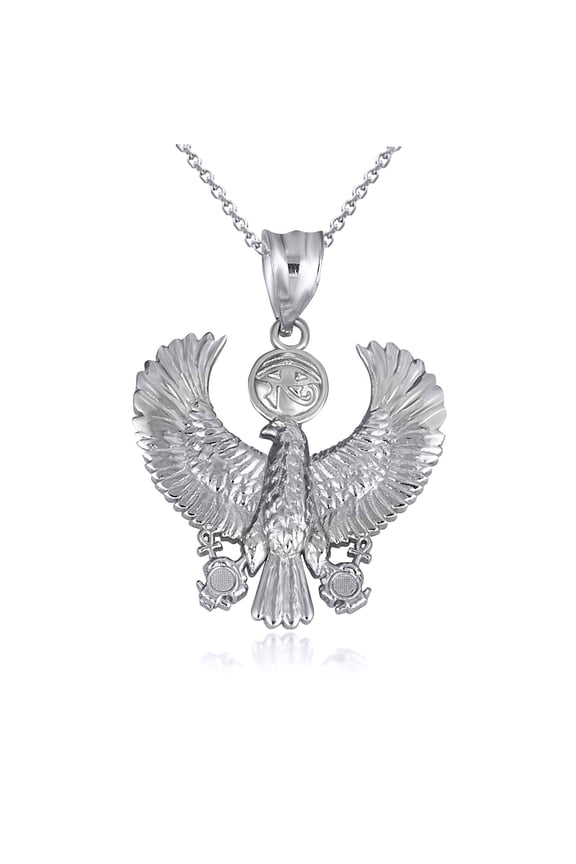 .925 Sterling Silver Egyptian Protection Eagle Eye of Horus Wadjet Ankh Pendant Necklace (Pendant with 16" chain)