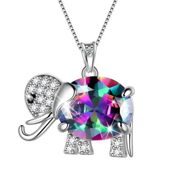 Juwaliy Elephant Necklace Crystal Rainbow Mystic Topaz Charm 925 Sterling Silver Pendant Jewelry Women Daughter Wife Mother Christmas Birthday Gifts