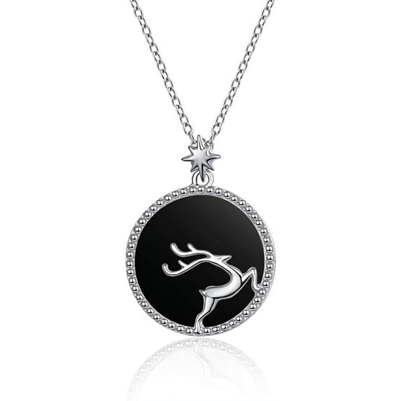 925 Sterling Silver Elk Pendant Necklace for Women, Vintage Black Agate / Mother of Pearl Sheel Round Medallion, Cute Animal Jewelry Gifts for Women Girlfriend Mother Daughter