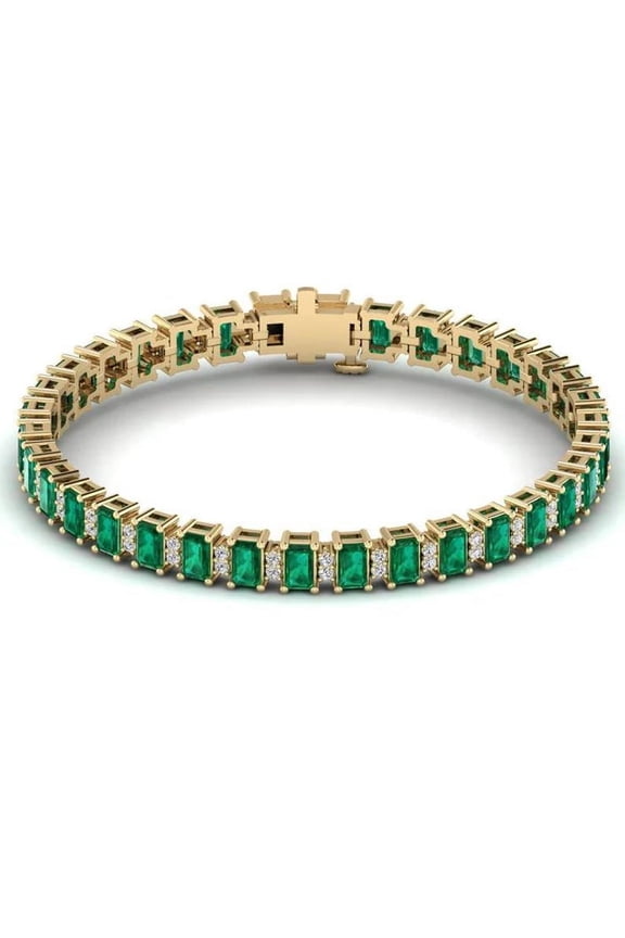 925 Sterling Silver Emerald Bracelet, Yellow Gold Emerald Tennis Bracelet, Genuine Emerald Ovals and Diamond Bracelet, May Birthstone Gift