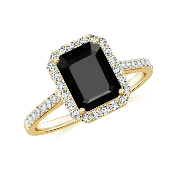 925 Sterling Silver Emerald Cut Black Onyx Halo Ring, Moissanite Engagement Ring in Yellow Gold Plated| July Birthstone Wedding Ring, Birthday, Anniversary Jewelry, Ring Size 6