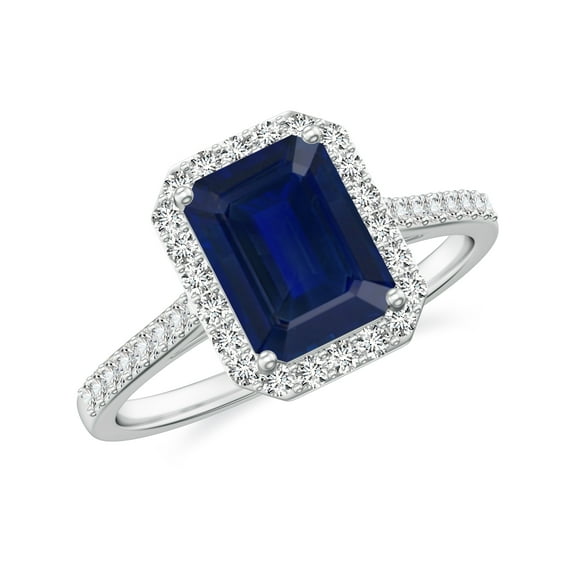 925 Sterling Silver Emerald Cut Blue Sapphire Halo Ring, Moissanite Engagement Ring in White Gold Plated| September Birthstone Wedding Ring, Birthday, Anniversary Jewelry, Ring Size 5