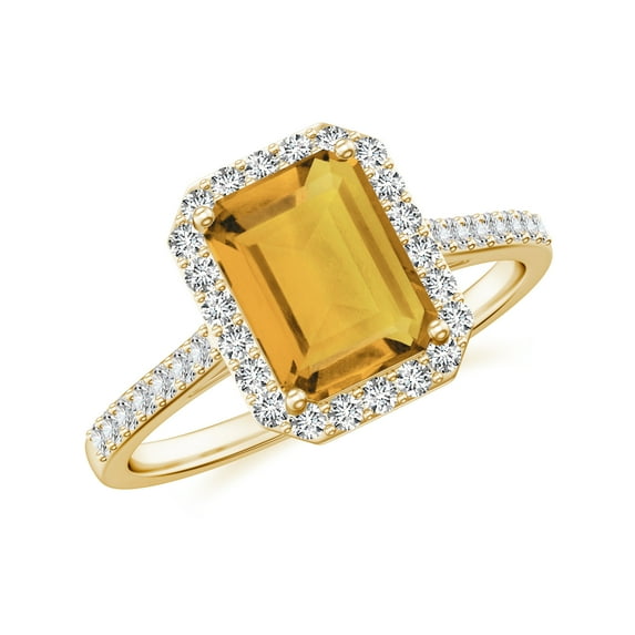 925 Sterling Silver Emerald Cut Citrine Halo Ring, Moissanite Engagement Ring in Yellow Gold Plated| November Birthstone Wedding Ring, Birthday, Anniversary Jewelry, Ring Size 5