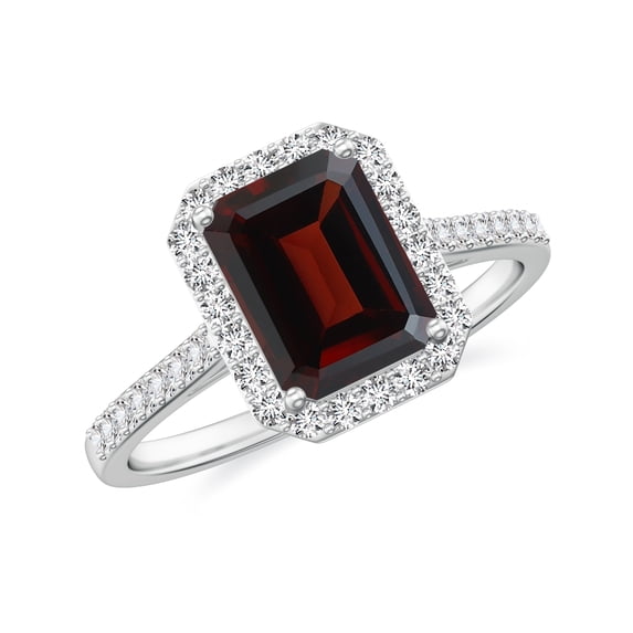 925 Sterling Silver Emerald Cut Garnet Halo Ring, Moissanite Engagement Ring in White Gold Plated| January Birthstone Wedding Ring, Birthday, Anniversary Jewelry, Ring Size 5