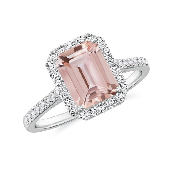 925 Sterling Silver Emerald Cut Morganite Halo Ring, Moissanite Engagement Ring in White Gold Plated| Birthstone Wedding Ring, Birthday, Anniversary Jewelry, Ring Size 5