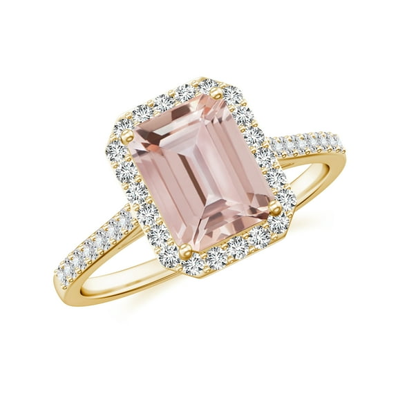 925 Sterling Silver Emerald Cut Morganite Halo Ring, Moissanite Engagement Ring in Yellow Gold Plated| Birthstone Wedding Ring, Birthday, Anniversary Jewelry, Ring Size 5