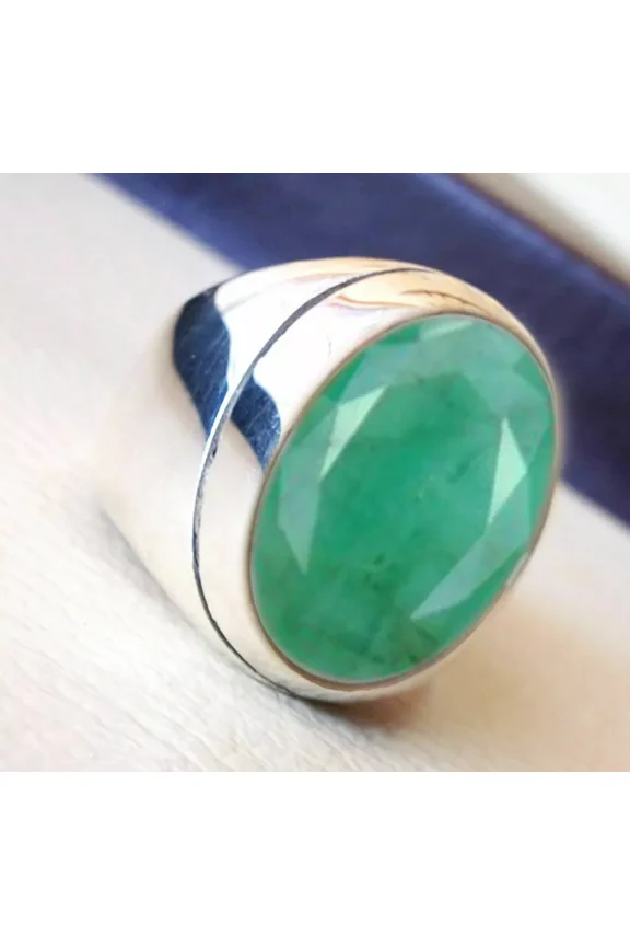 925 Sterling Silver Emerald Gemstone May Birthstone Men's Ring Size