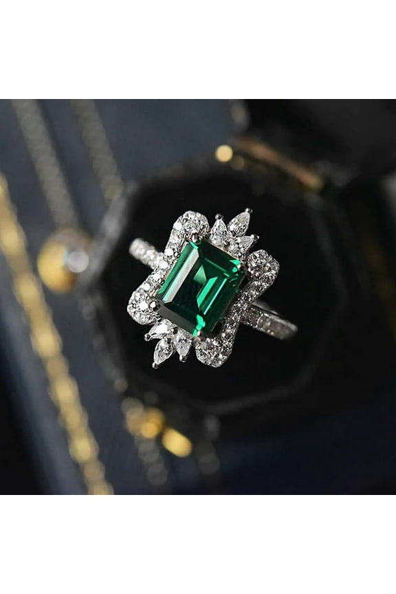 925 Sterling Silver Emerald Square Princess Ring Fashion; Emerald Crown Engagement Ring Wedding Bride Ring Wedding Ring Anniversary Ring Ring