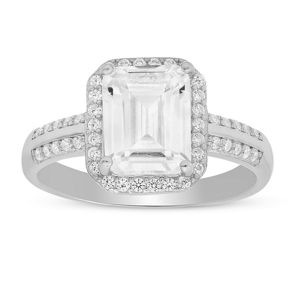 925 Sterling Silver Emerald-cut Halo Diamond CZ Ring