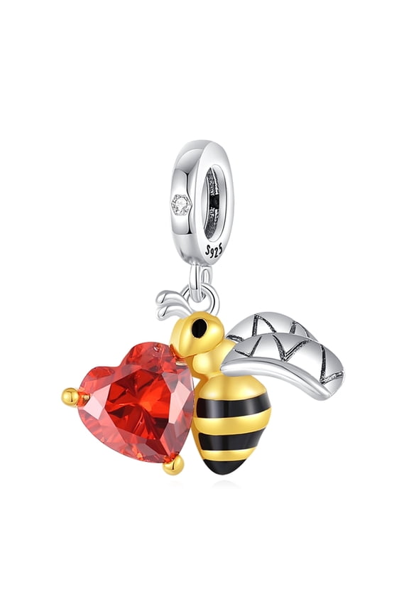 925 Sterling Silver Enamel Bee Red Heart Stone Dangle Charm For Bracelets