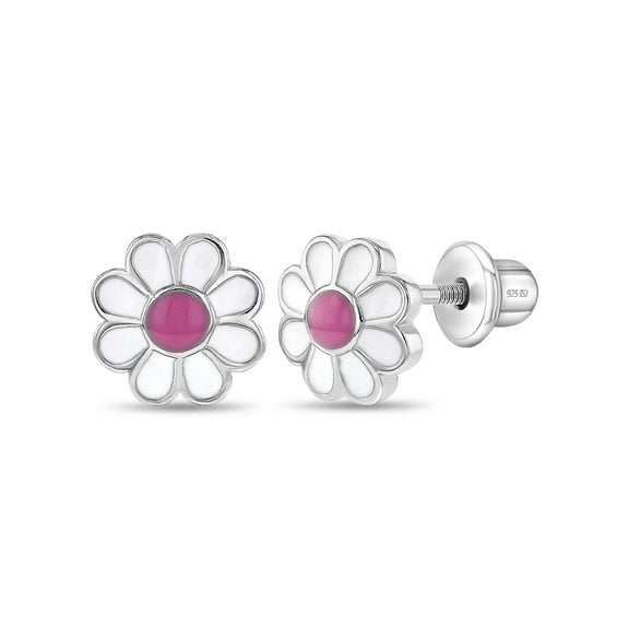 925 Sterling Silver Enamel Daisy Screw Back Earrings for Toddler Girls Flower