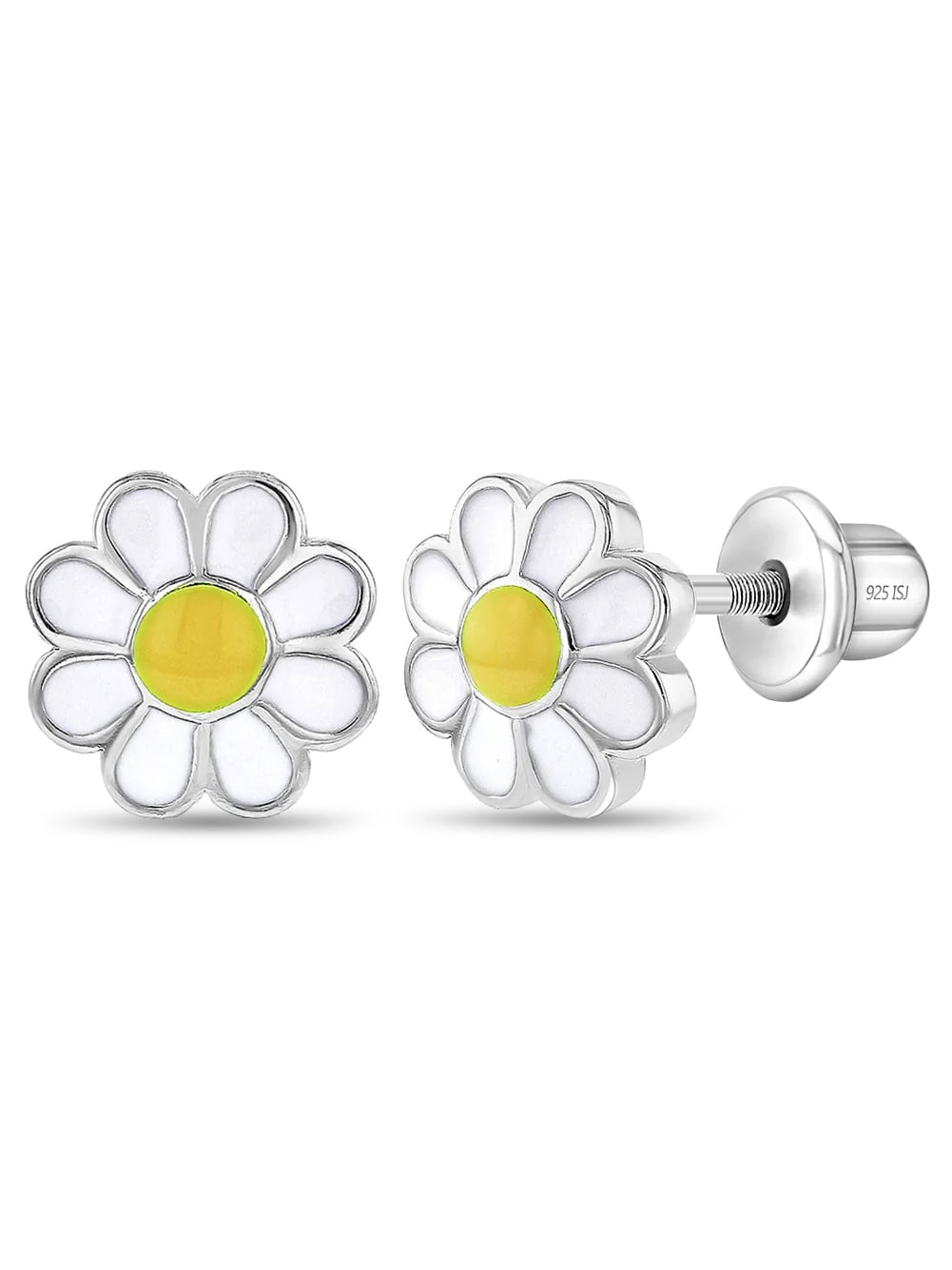 925 Sterling Silver Enamel Daisy Screw Back Earrings for Toddler Girls Flower