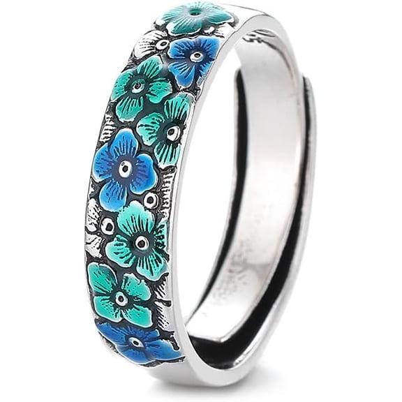 925 Sterling Silver Enamel Flower Pattern Ring for Women Lucky Wide Vintage Plum Blossom Sakura Statement Eternity Band Stacking Adjustable Opening Rings