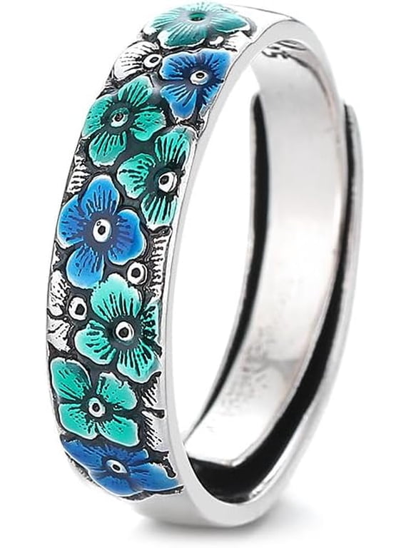 925 Sterling Silver Enamel Flower Pattern Ring for Women Lucky Wide Vintage Plum Blossom Sakura Statement Eternity Band Stacking Adjustable Opening Rings