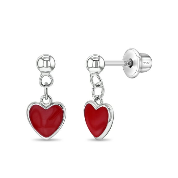 925 Sterling Silver Enamel Heart Screw Back Dangle Earrings Girls Teens