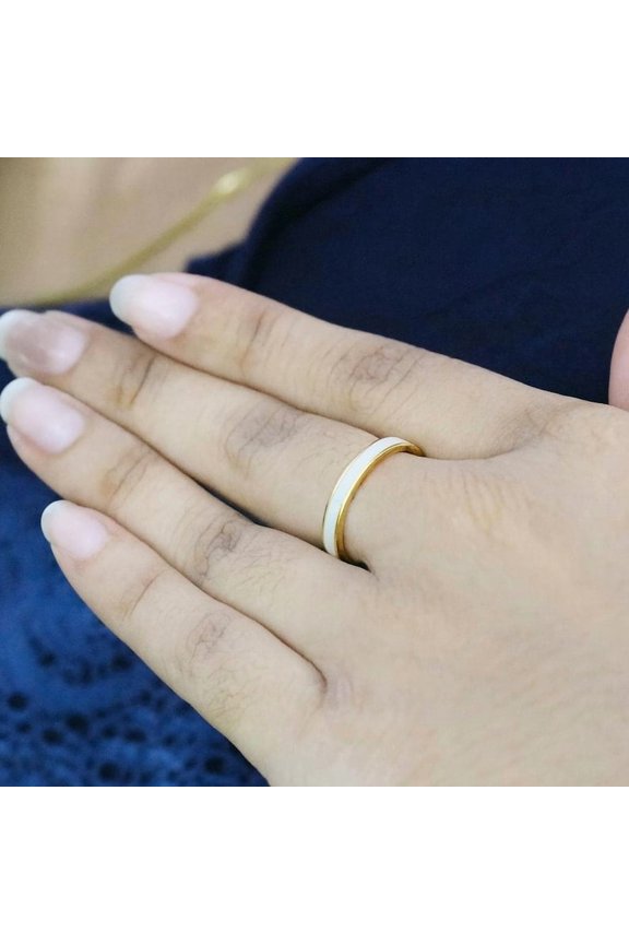 925 Sterling Silver Enamel Ring - White Enamel Engagement Band Ring - Gold Finish Silver Stacking Band - Promise Anniversary Ring